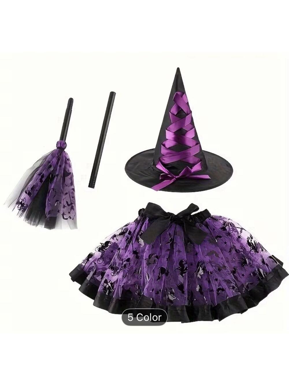 Purple Black Witch Costume Set Halloween Mesh Skirt Hat Broom Elastic